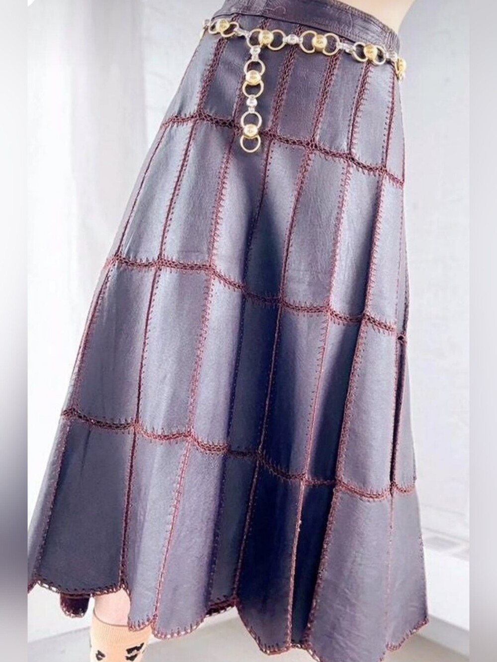 Vintage Dark Maroon/ Oxblood Leather Patchwork A-Line Skirt